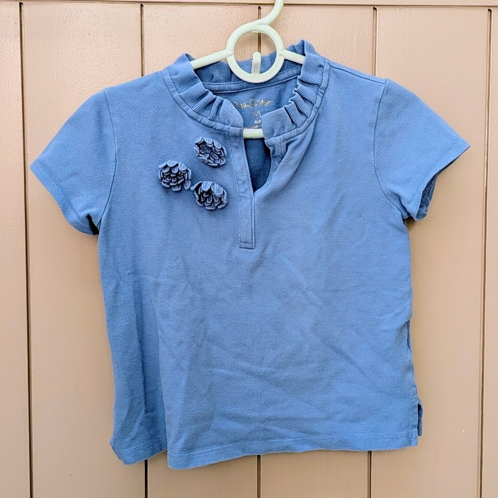 Lilly Pulitzer Blue Short Sleeve Polo with Floral Details